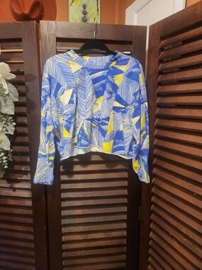 FP Movement by Free People Blue & Yellow Abstract Cropped Long-Sleeve Top